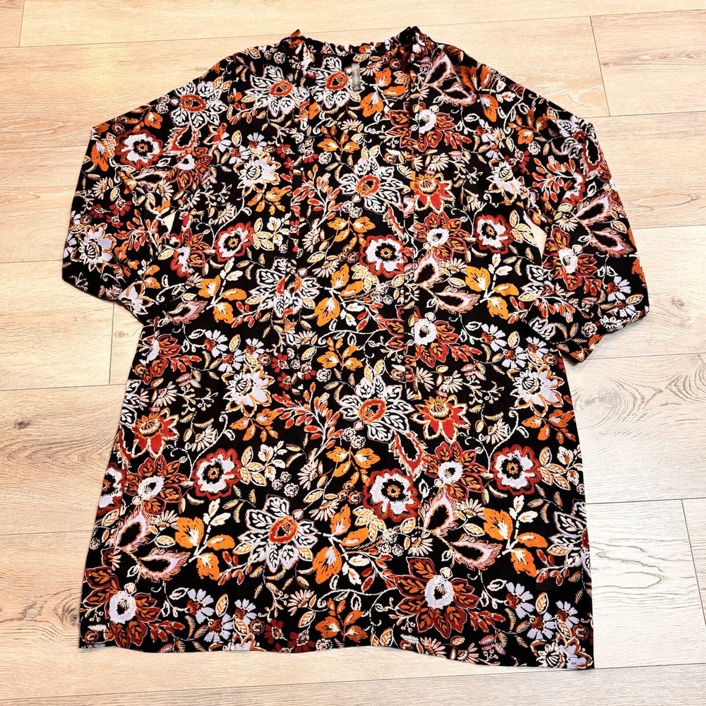Massini Dress 1X Long Sleeve Polyester Black‎ Floral Fall Colors Orange Pullover